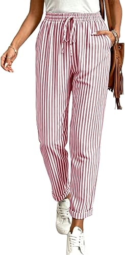 GQN Linen Pants Women Striped Elastic Waist Paper Bag Wide Leg Linen Palazzo Hig