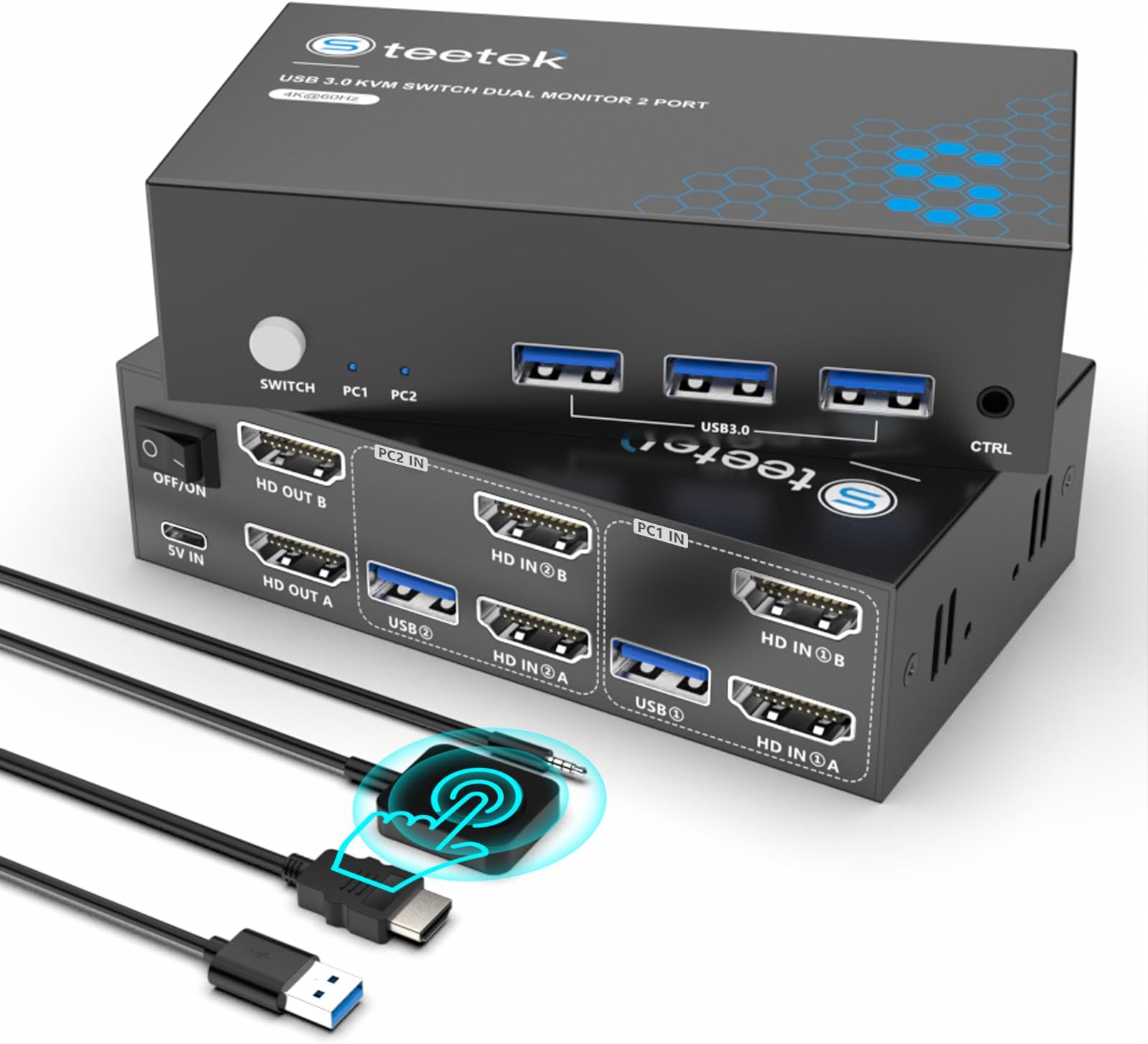 USB 3.0 HDMI KVM Switch 2 Monitors 2 Computers, 4K@60Hz KVM Switches for 2 Computers Sharing 2 Monitor Keyboard Mouse Hard Drives Printer, with EDID Adaptive, 2USB Cable and Controller