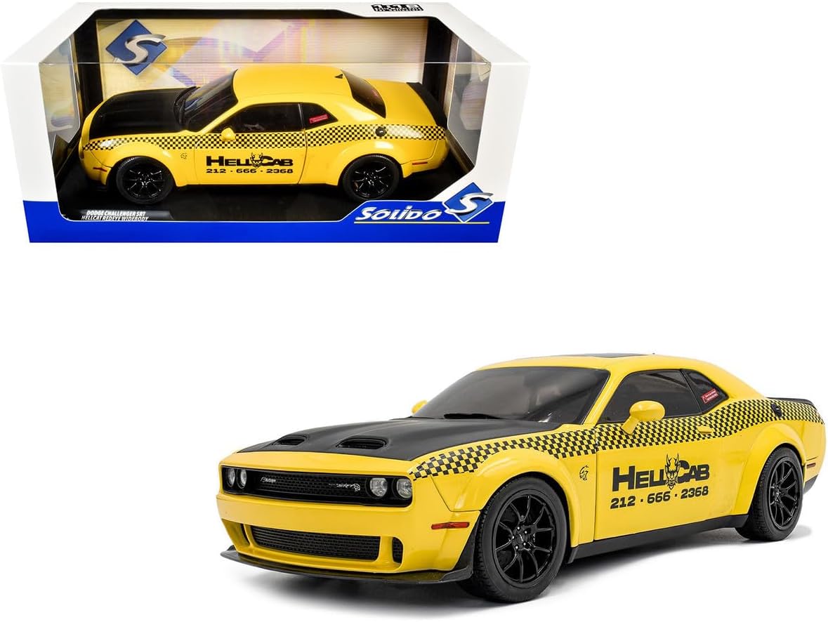 Diecast Model Car Compatible for 2023 Dodge Challenger SRT Hellcat Redeye Widebody Taxi NYC Hellcab, Yellow with Black Hood and Graphics, Solido S1805716