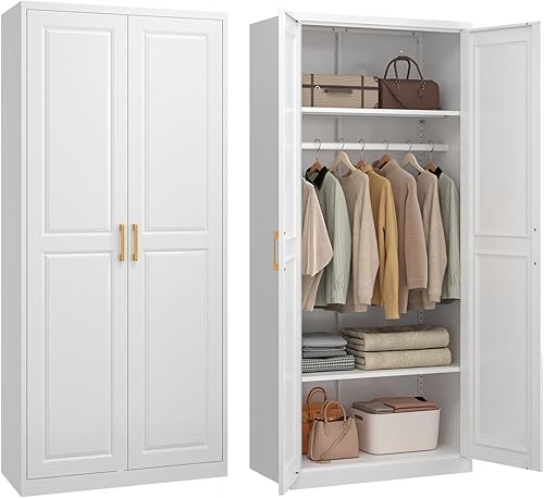 Armario de Metal con Barra para Colgar, Armario Alto de 71 Pulgadas con 2 Puertas y Estantes Ajustables, Armarios de Almacenamiento de Ropa Blancos