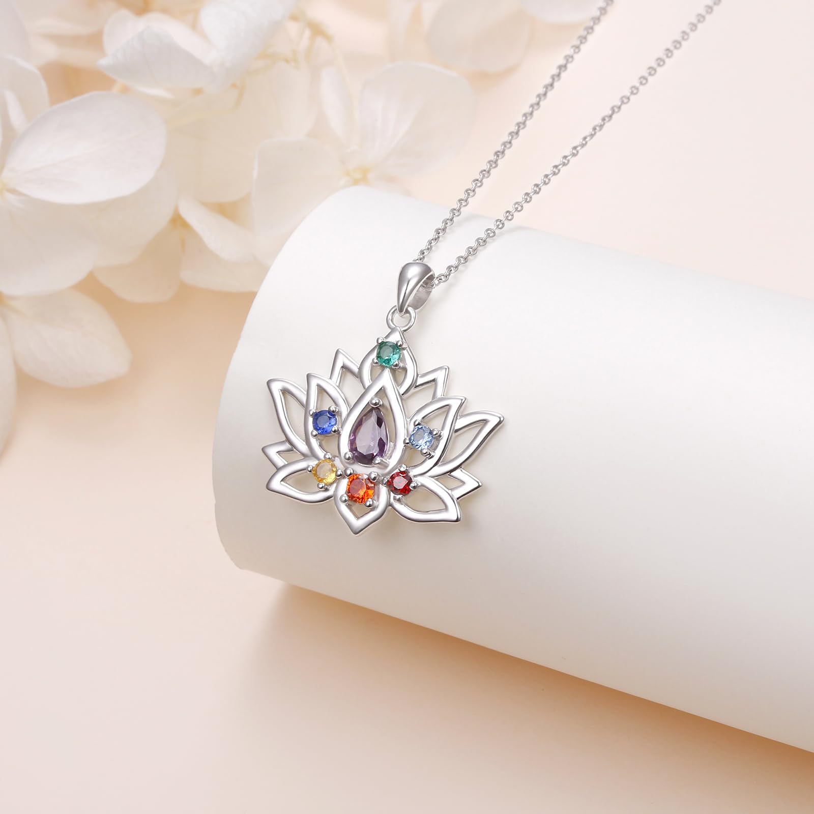 Flyow Juego de joyas Lotus Chakra de plata de ley 925 con 7 chakras, pendientes y collar de yoga, flor de loto, regalo para mujer, 0,87*1,03 Zoll, Plata esterlina