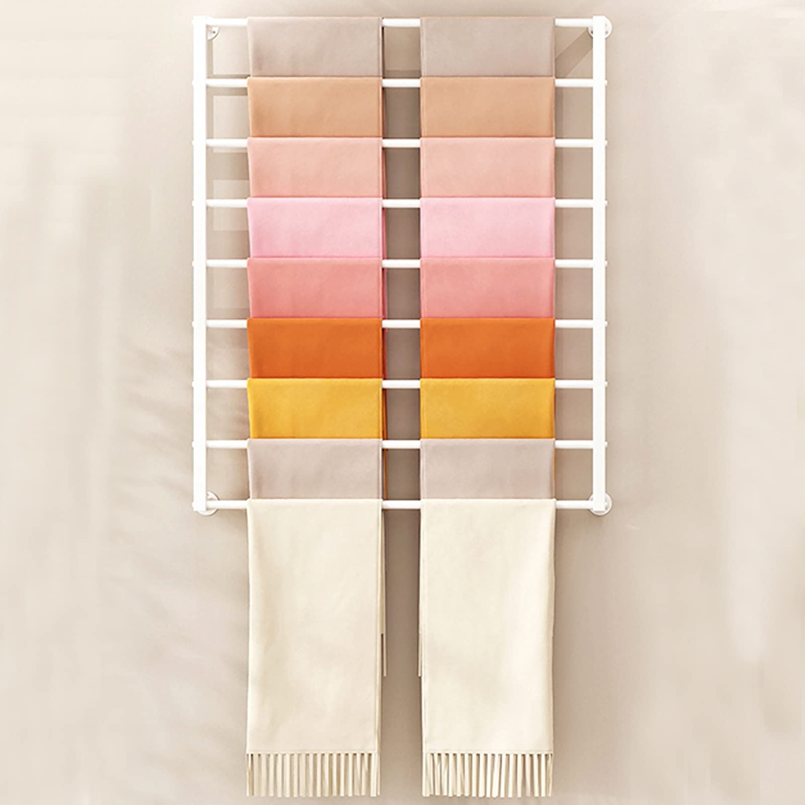 UWYTGF Heavy Duty 9 Layer Scarf Holder Rack,Modern Metal Wall Mount Hijab Storage Organizer,for Silk Ribbon/Wrapping Papers/Shawl/Blanket,Easy to Install,White,Length,120Cm/47.2In