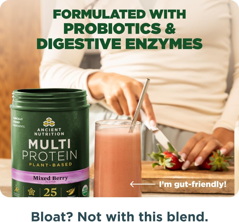 Ancient Nutrition Organic Multi Protein Plant Based Powder, 25g Protein, Hydrolyzed Pea Protein, Digestive Enzymes & Probiotics, Supports Muscle & Gut Health, Mixed Berry, 15 Servings