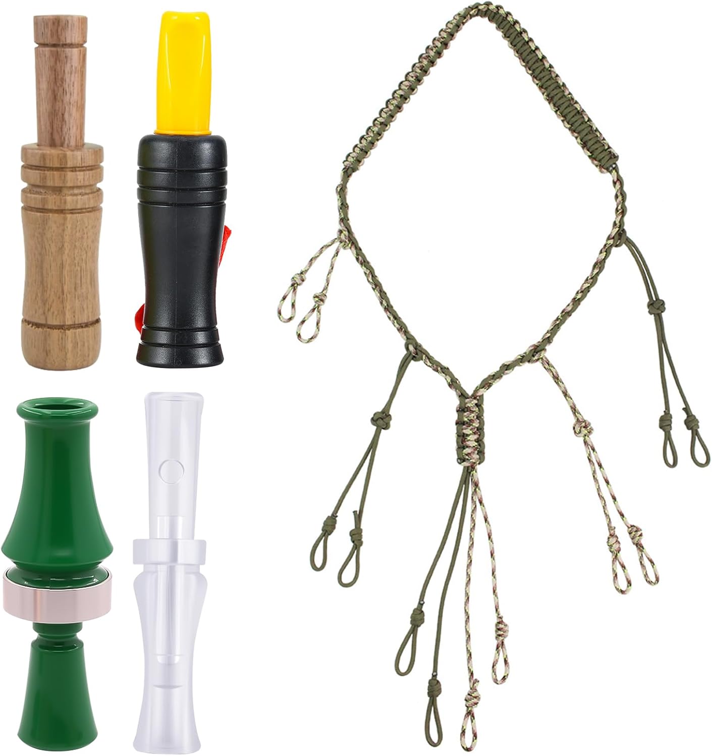 5 PCS Mallard Duck Call & Lanyard Set, Outdoor Predator Hunting Gear, 4 Realistic Duck Calls with 1 Hand-Braided Rope, Loud & Clear Waterfowl Call for Hunting