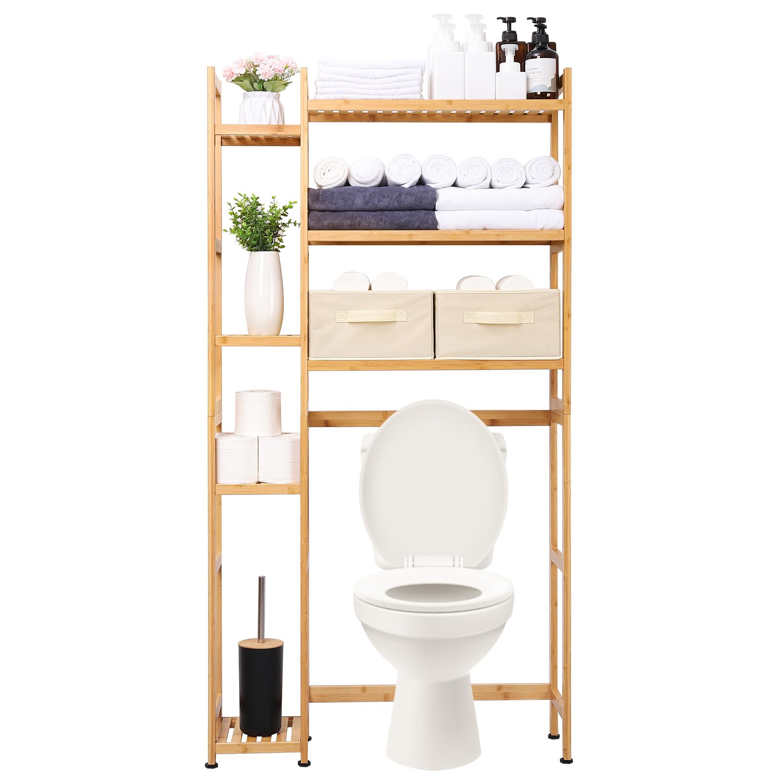 Yorbay Estantería para inodoro con 2 cestas, estantería de baño de bambú, 3 niveles ajustable, con almohadilla impermeable para los pies, multifuncional, ahorra espacio, fácil montaje (natural)