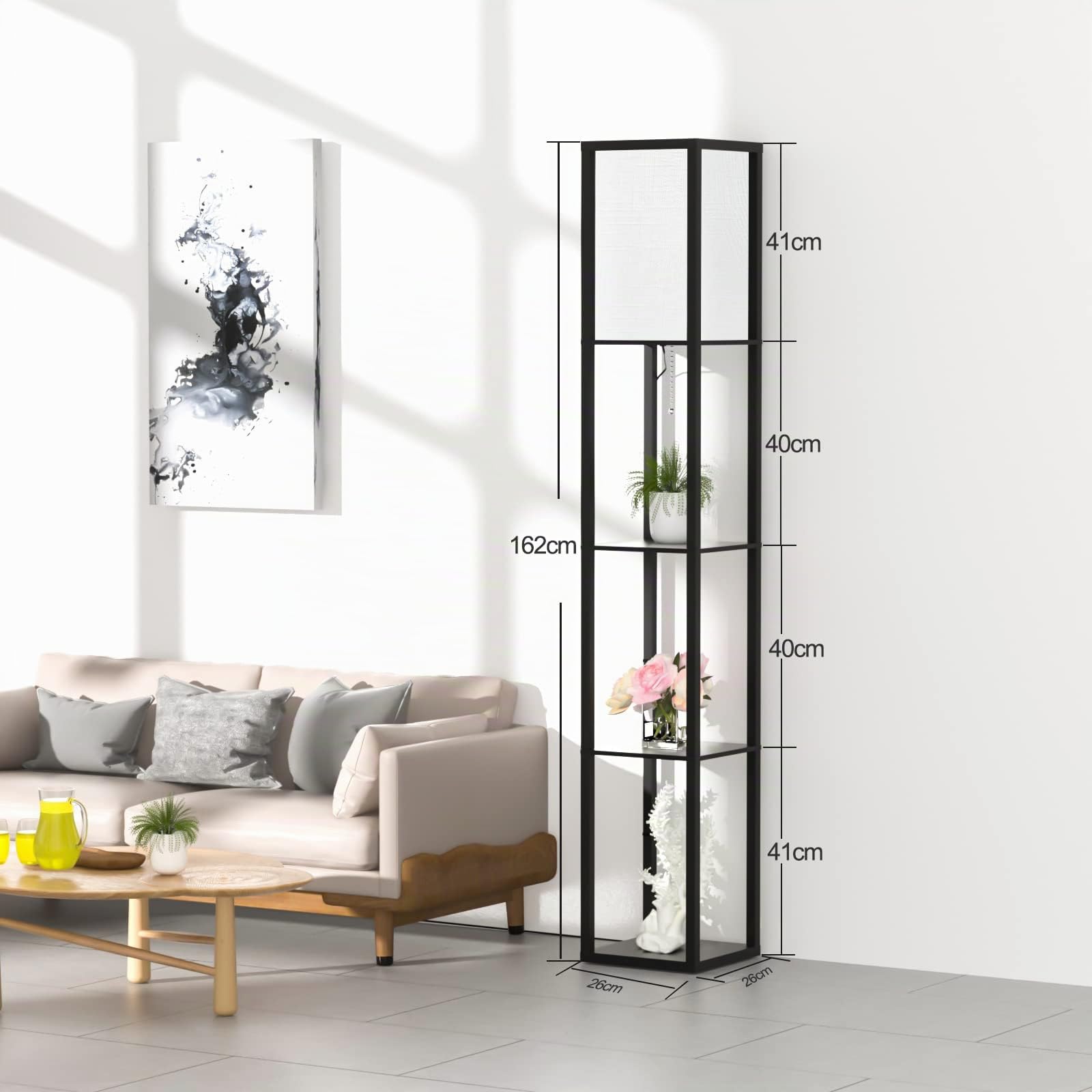 Lampada Salotto da Terra in Legno con Scaffale, Tre temperature di colore Lampada da Pavimento con 3000K-5000K E27 Lampadine, Lampada a Stelo 1.6M, Piantana da Terra per Camera Da Letto e Soggiorno