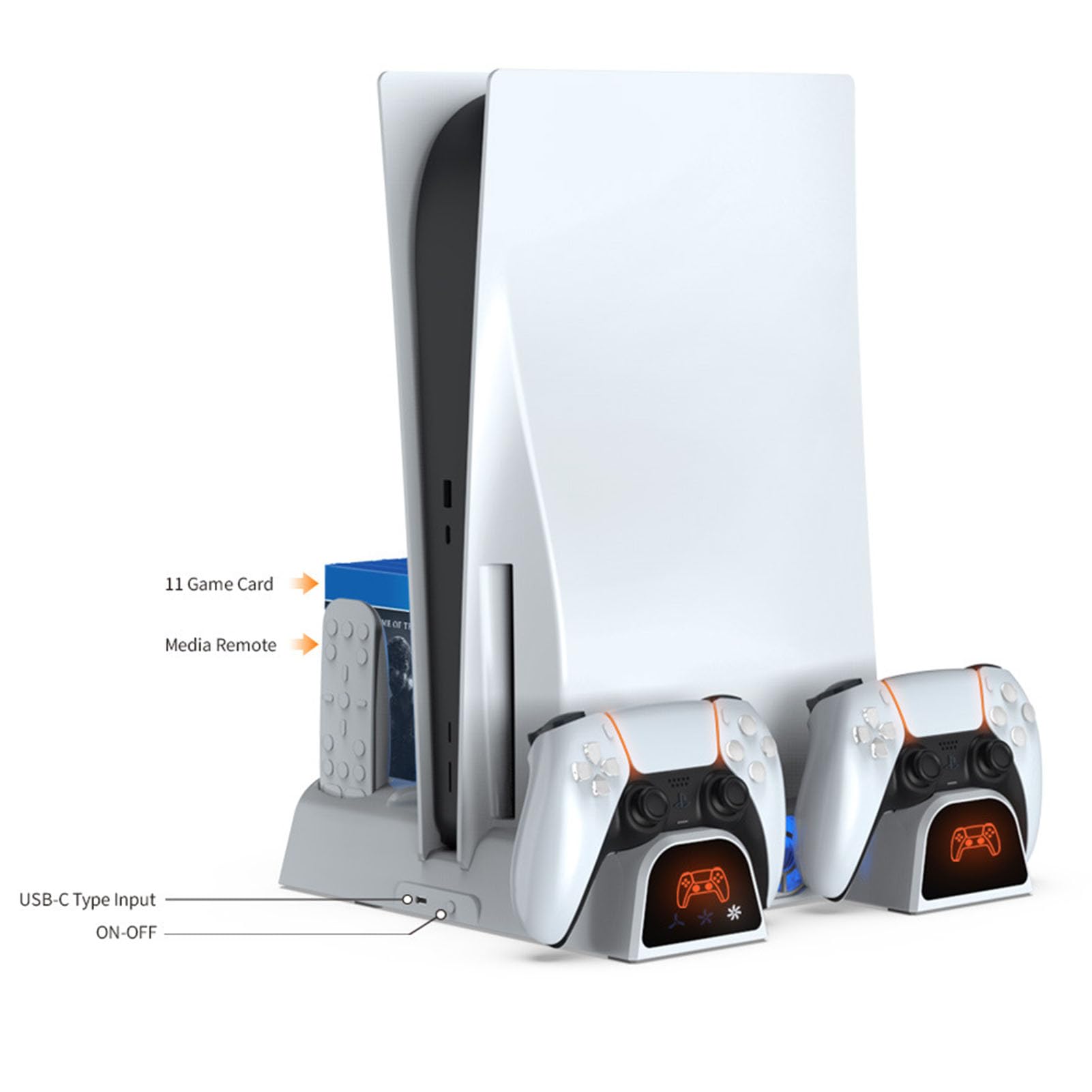 Supporto di raffreddamento per PS5, supporto di raffreddamento per console di gioco, con porta USB di ricarica e 11 slot per giochi, accessorio per console di gioco, stazione di raffreddamento e