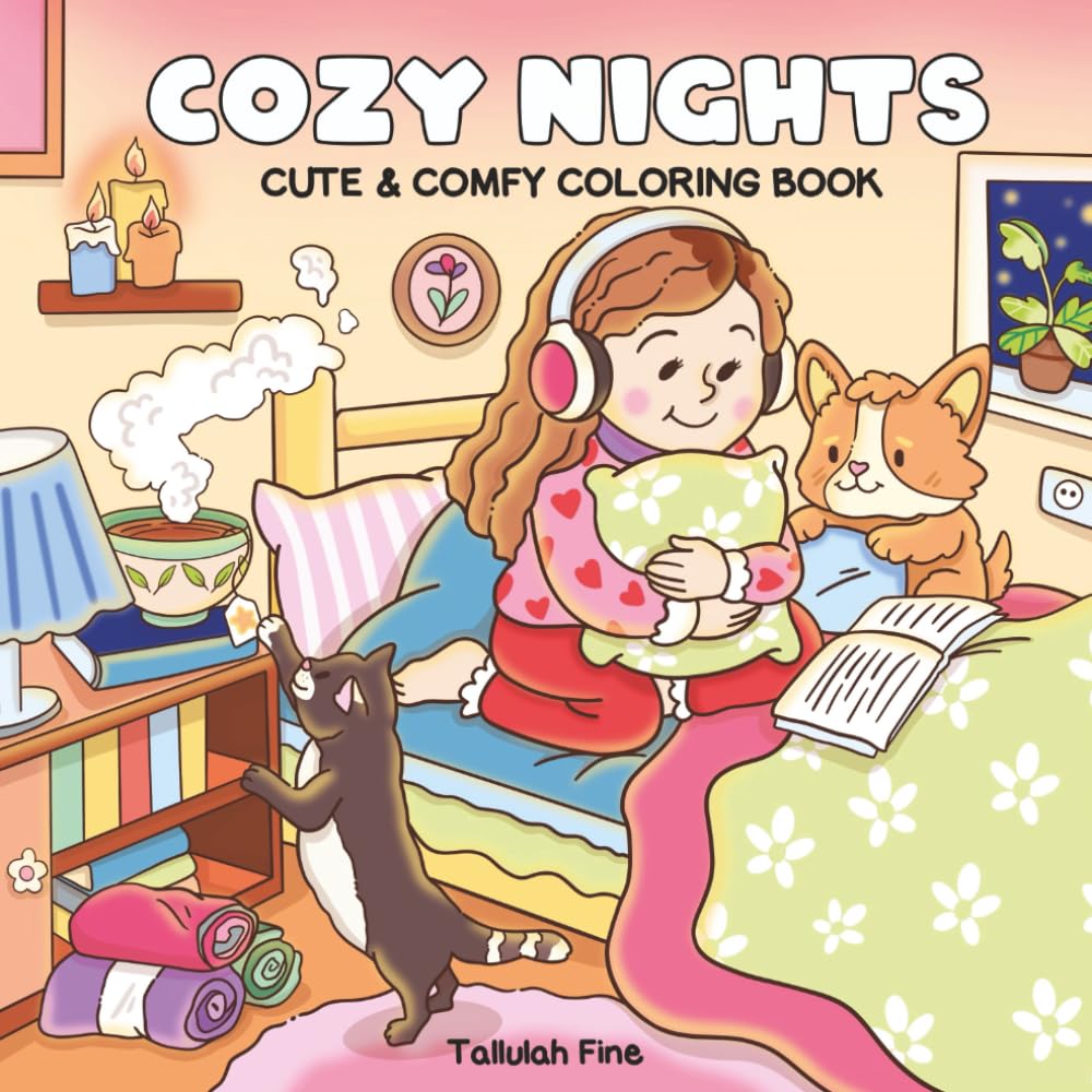Cozy Nights: Cute & Comfy Coloring Book for Adults & Teens with Relaxing Nightly Activities & Adorable Characters