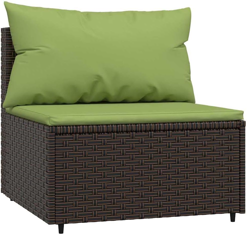 vidaXL Patio Middle Sofa with Cushions - Outdoor Furniture Piece - Durable Powder-Coated Steel - Brown Poly Rattan with Green Cushions - Weather- & Sturdy
