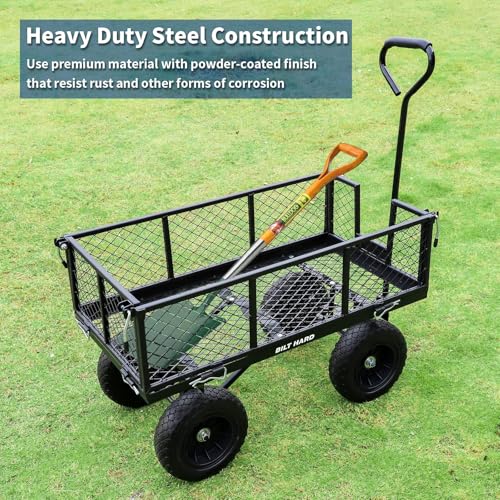 Image of BILT HARD 880 lbs 10 inch Tires Steel Garden Cart with 180 Rotating Handle and Removable Sides, Heavy Duty 4 Cu.Ft Capacity Utility Garden Carts and Wagons, Black