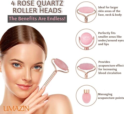 Miniatura 6 de Juego de rodillos de jade facial de metal, piedra de cuarzo rosa de jade 100% auténtica, rodillo facial de acupuntura 3 en 1 para arrugas