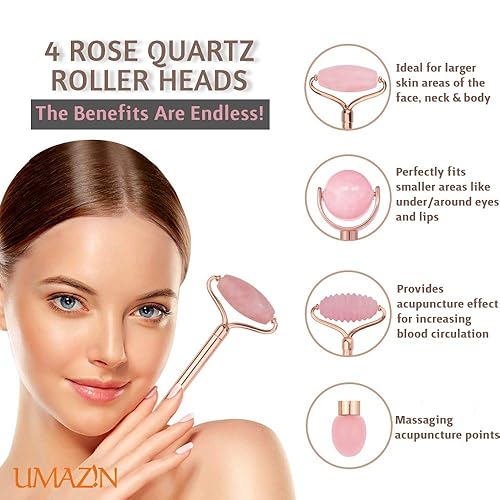 Miniatura 6 de Juego de rodillos de jade facial de metal, piedra de cuarzo rosa de jade 100% auténtica, rodillo facial de acupuntura 3 en 1 para arrugas