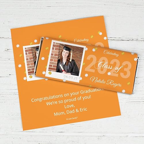 25 envoltorios personalizados de fiesta de graduación para barras de caramelo con foto, color naranja