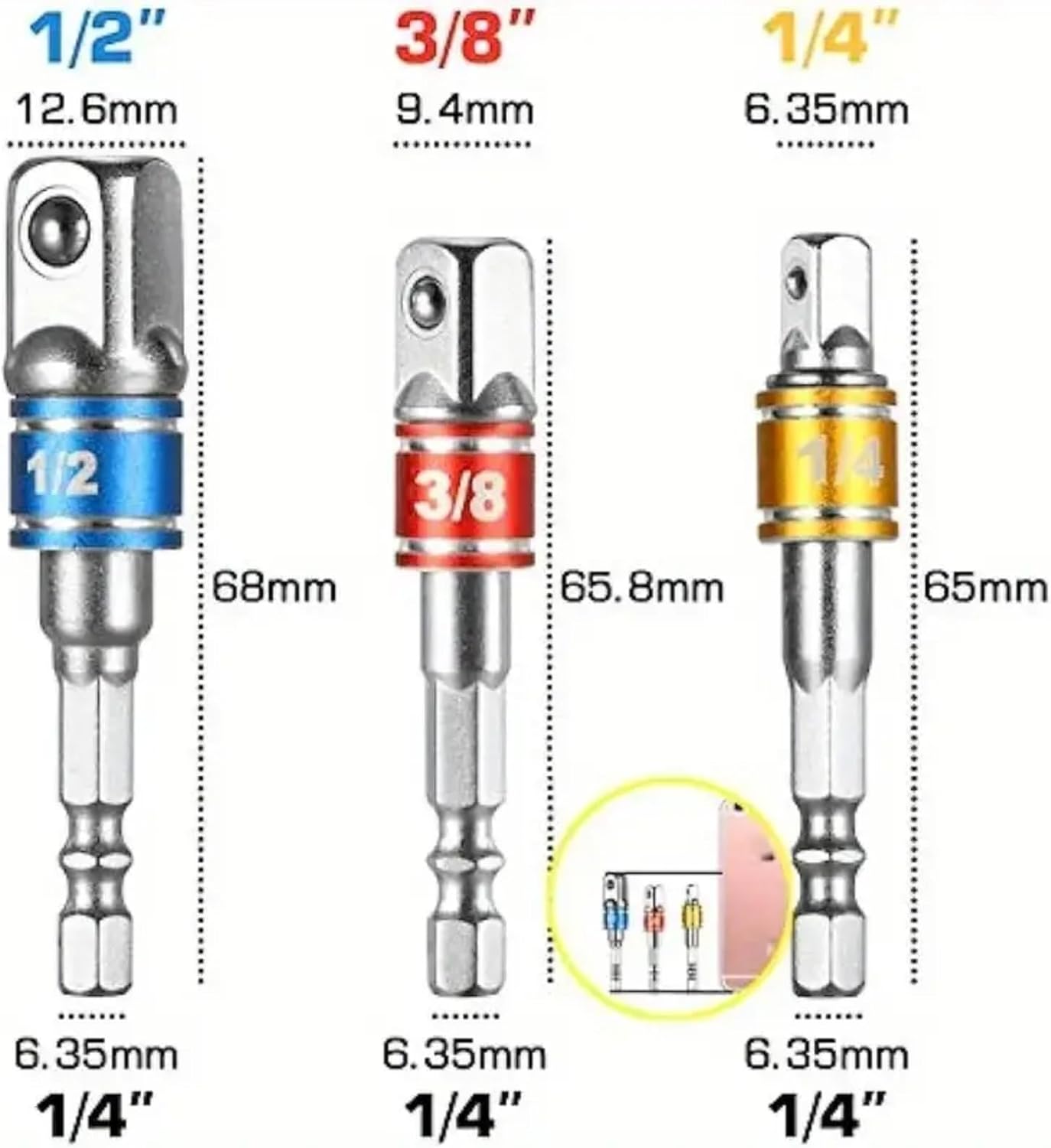 3pcs Impact Socket Adapter Set with Color Coding 1/4", 3/8", 1/2" Hex Shank,Durable Alloy Construction, Square Drill, Extension Set