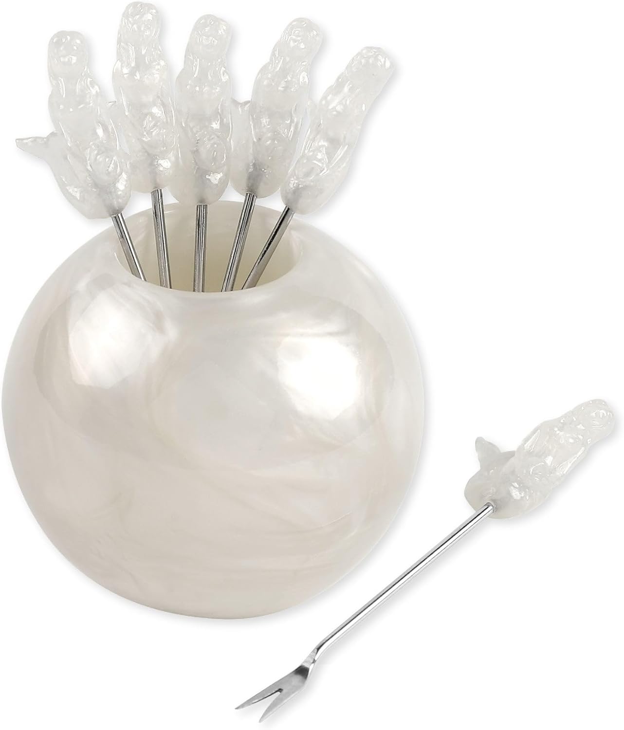 7 PCS Mermaid Cocktail Picks Set with Pearl Holder, Reusable Appetizer Forks for Cheese, Fruit, Snacks, Party or Bar Use, Polyresin Holder and 6 Pack Stainless Steel Picks