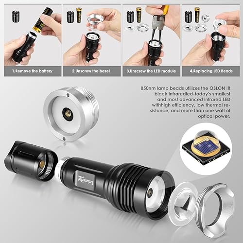 Miniatura 7 de UniqueFire Mini 850 nm IR iluminador linterna luces para visión nocturna, linterna infrarroja pequeña zoomable luz antorcha, 3 modos de memoria