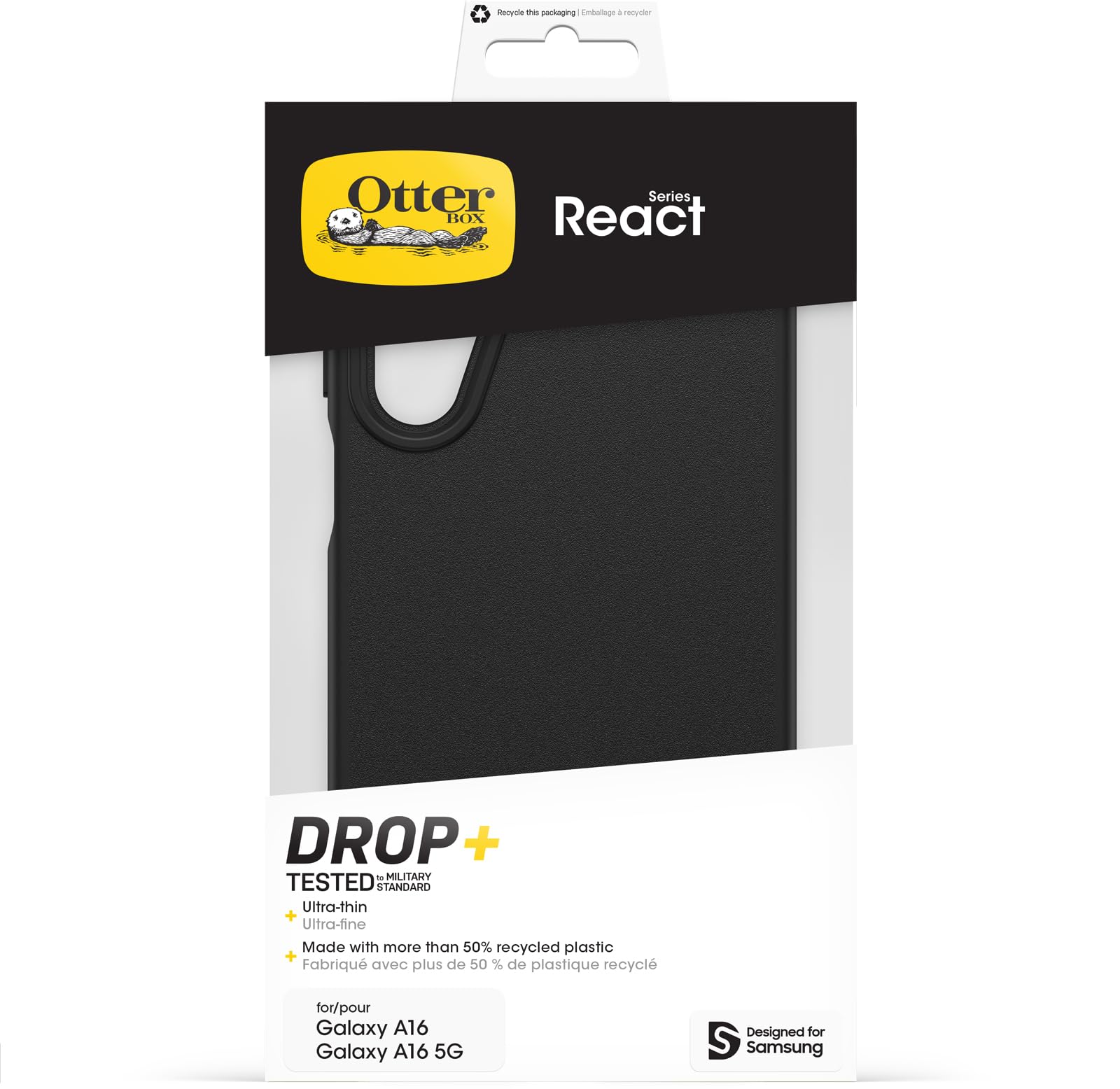 Cover per Samsung Galaxy A16/A16 5G OtterBox React Series, resistente a shock e cadute fino, cover ultrasottile, testata a norme MIL-STD 810G, Nero
