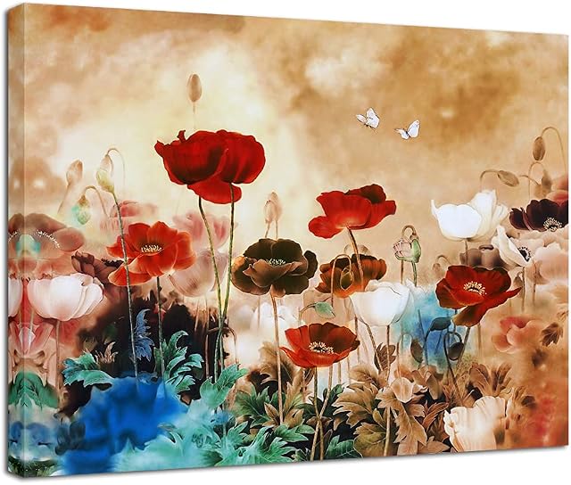 Wieco Art - Blooming Poppies Modern Stretched and Framed Floral Giclee Canvas Prints Flowers Artwork Colorful Flowers Pictures Paintings on Canvas Wall Art for Living Room Bedroom Home Decorations