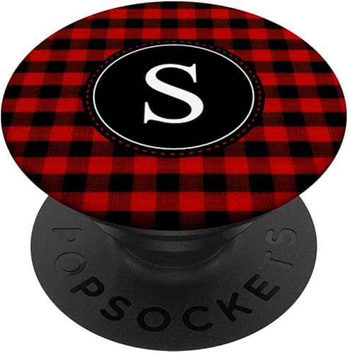 Miniatura 1 de Buffalo Plaid Letter S Monograma rojo y negro patrón de cuadros  PopSockets Grip y soporte para teléfonos y tabletas