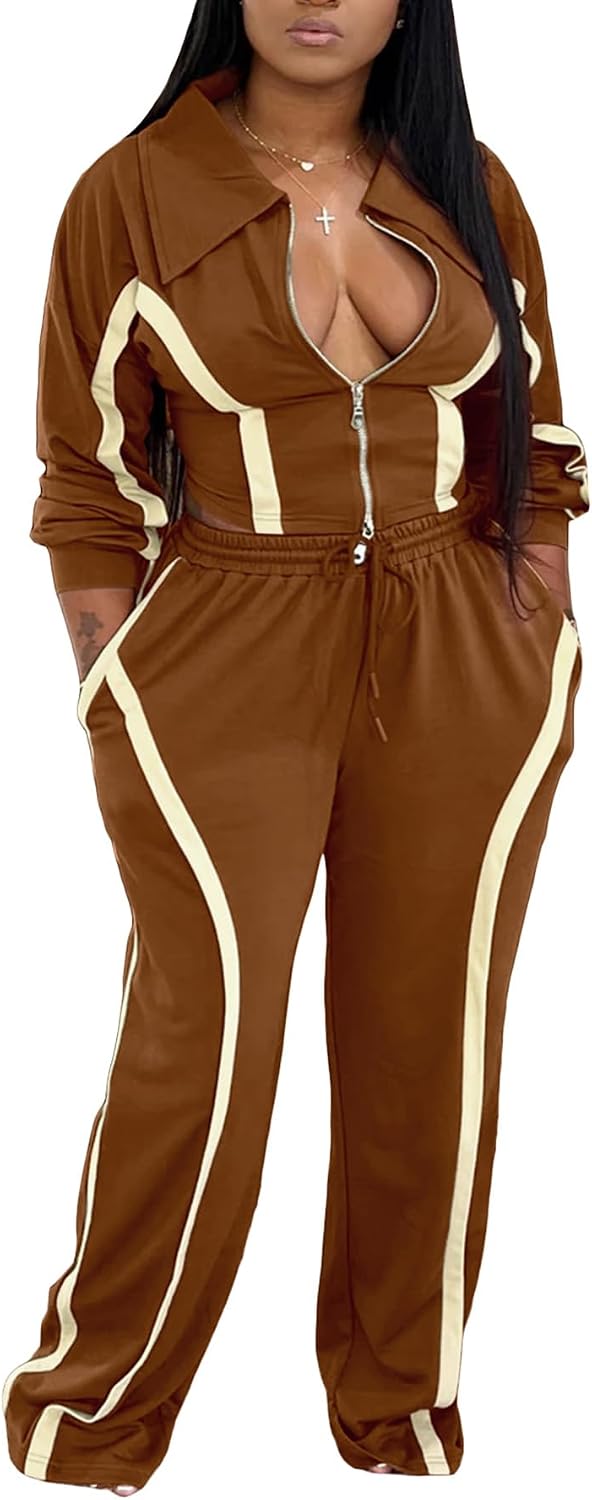DINGANG Women 2 Piece Sweatsuit Sets Striped Zip Up Cropped Sweatshirt Wide Leg Sweatpant Tracksuit Sets