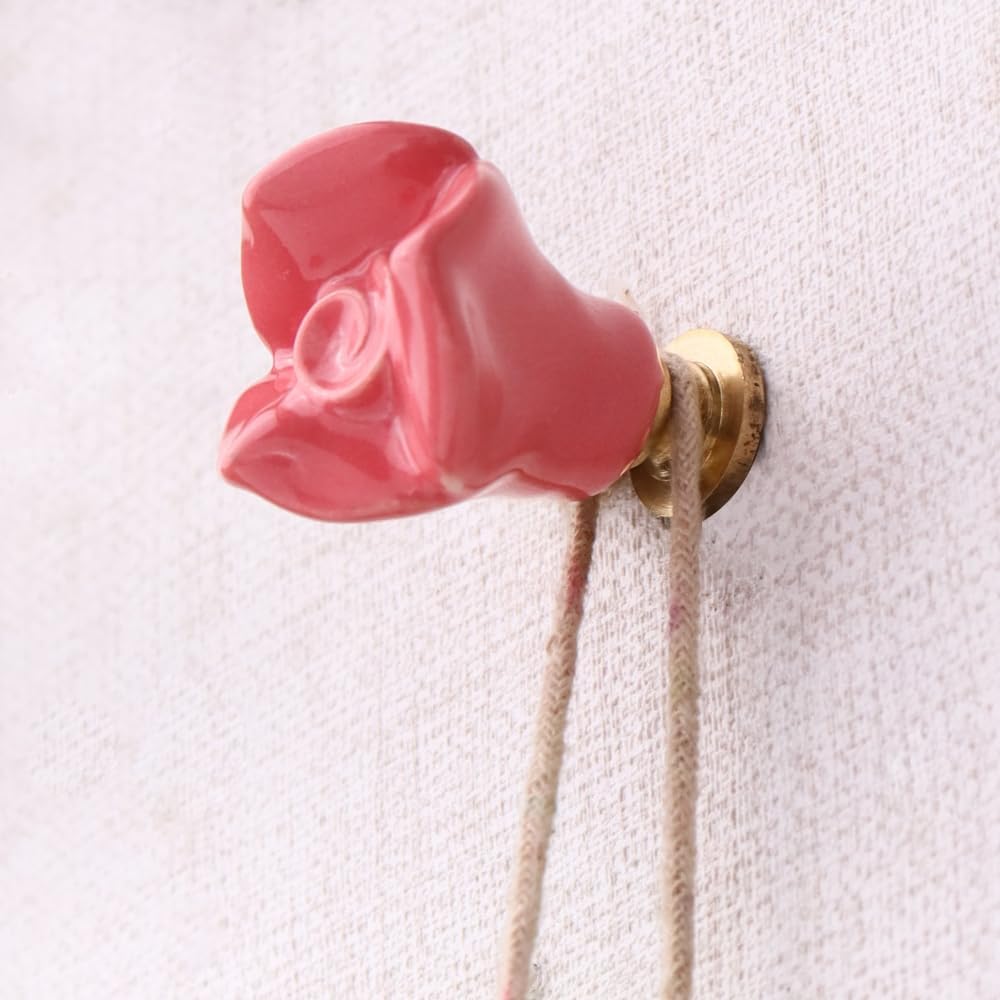 Indian Shelf Packs of 3 Ceramic Heavy Duty Decorative Vintage Wall Hooks for Hanging Coats, Jackets, Leash, Hat, Towel, Backpack, Purse, Handbag -Pink