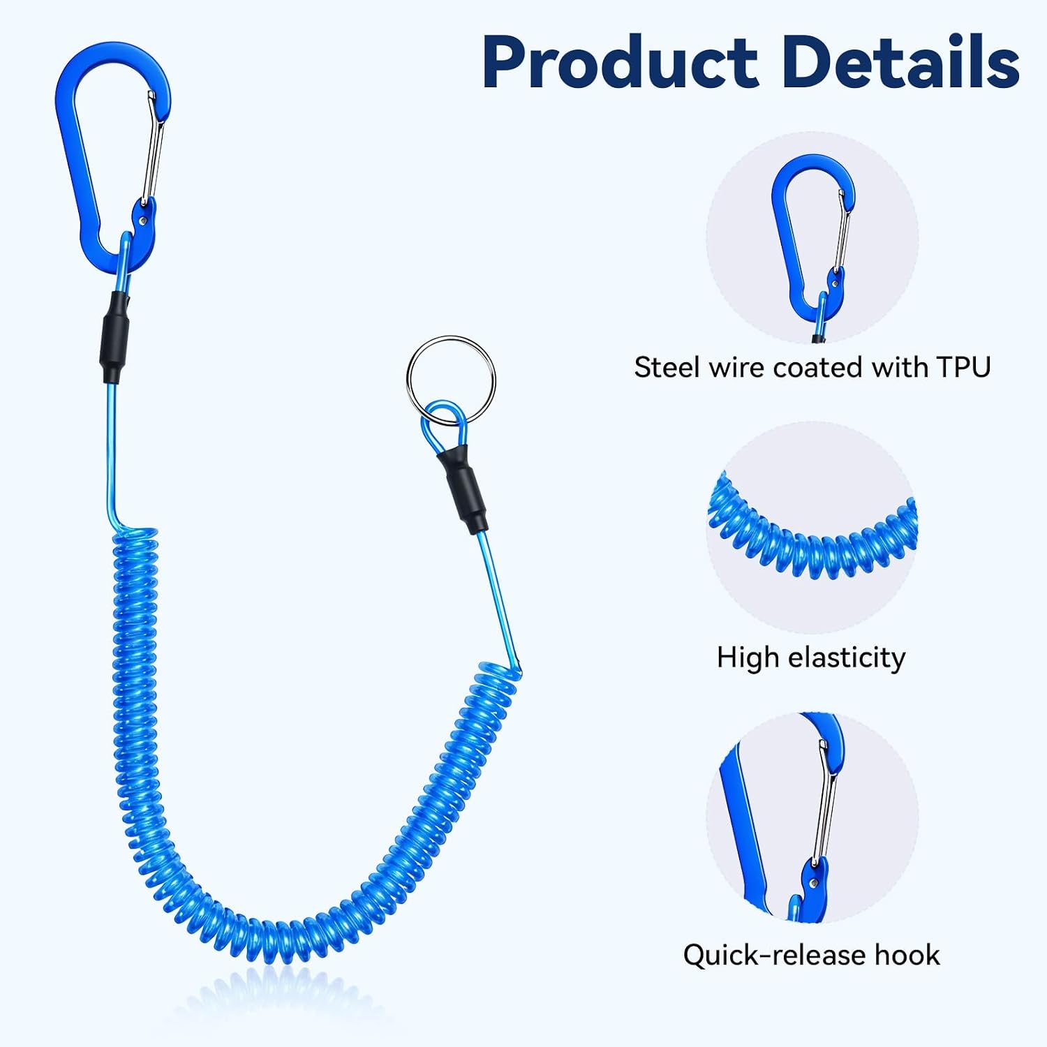 Coiled Lanyards with Carabiner, 6 Pcs Retractable Safety Fishing Lanyard Stretchy Stainless Steel Wire Coiled Lanyard Ring and Quick Release Detachable Buckle for Fishing Camping Hiking Key Card Tool