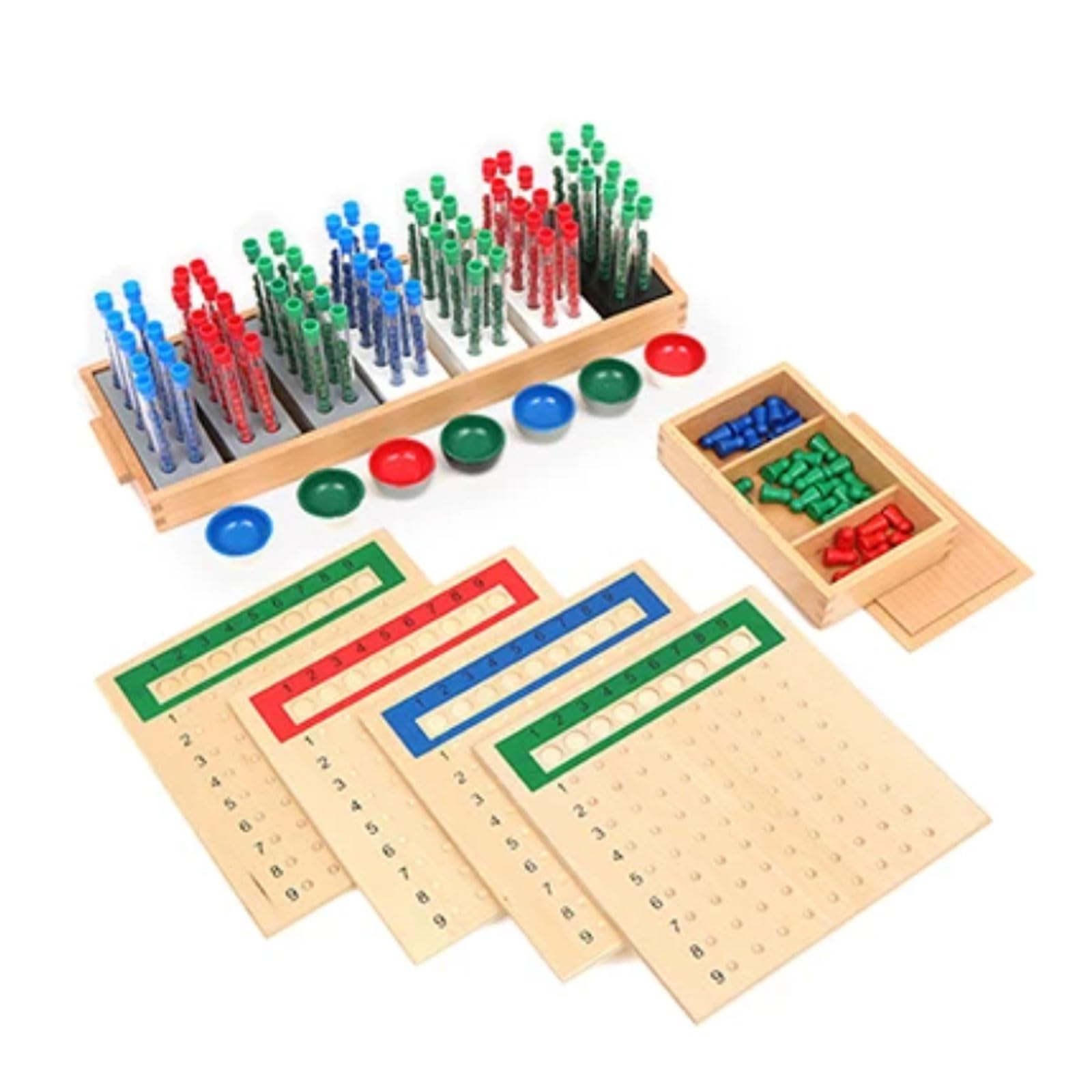 Drewniane edukacyjne zabawki Montessori do nauki operacji liczbowych | Kompletny zestaw matematyczny, lalka na kołeczki do ułamków, mała i duża ramka z koralikami, tablica do dzielenia