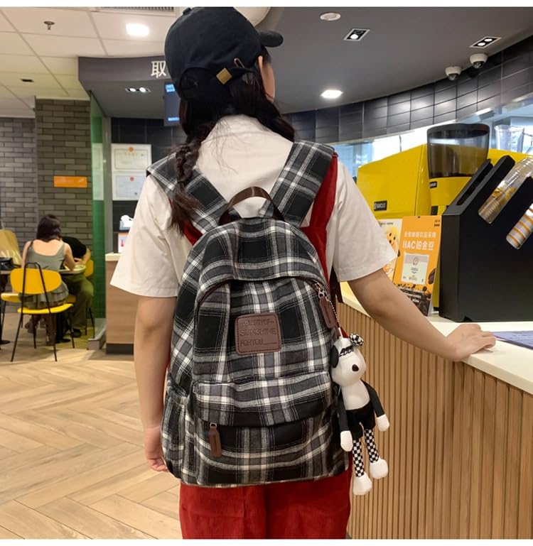 2025 Plaid Preppy Backpack for Women Y2k Aesthetic Shoulder Bag Vintage Daypack with Pendant Checkered Laptop Bag (Black)2