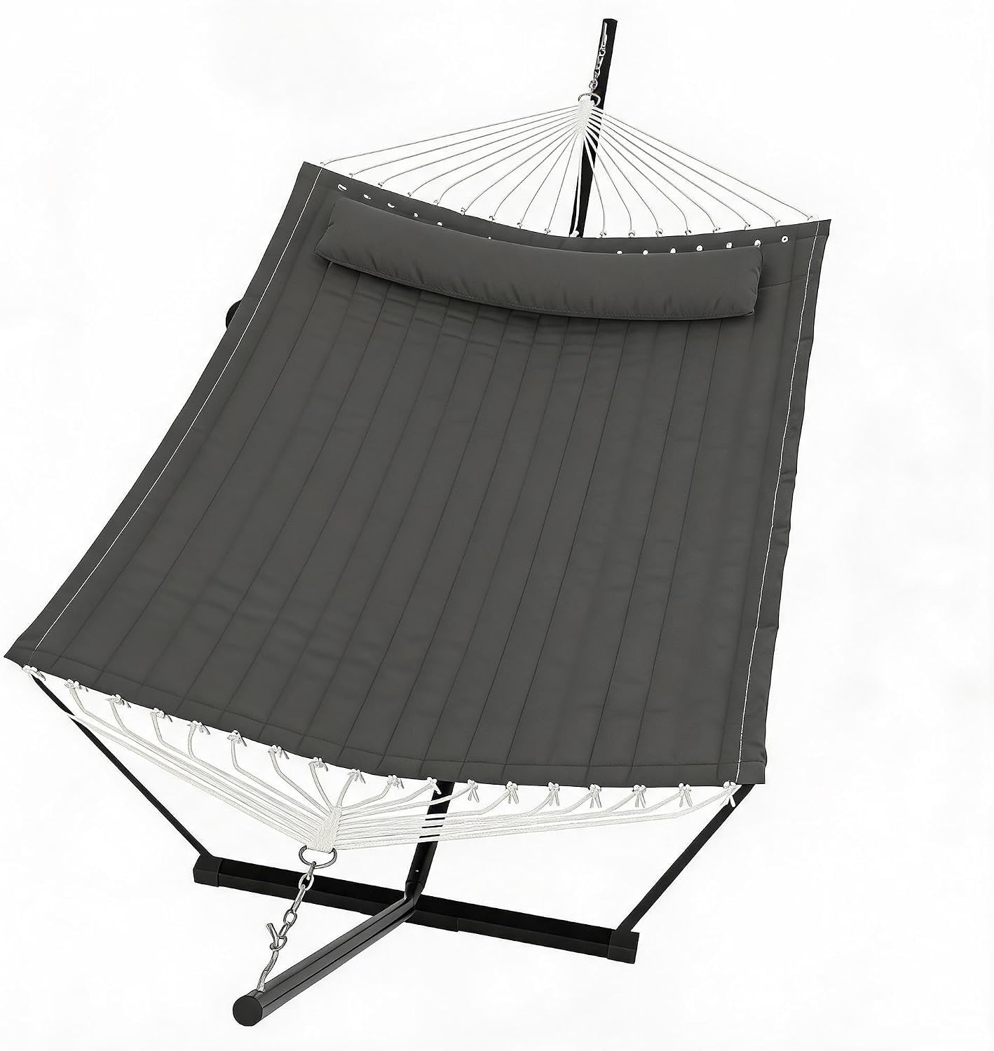 GarveeMore Heavy Duty Double Hammock with Stand & Pillow – 2 Person, 450 lbs Capacity, Freestanding Outdoor Patio Furniture, Balance Rope, Ideal for Backyard, Poolside – Dark Gray