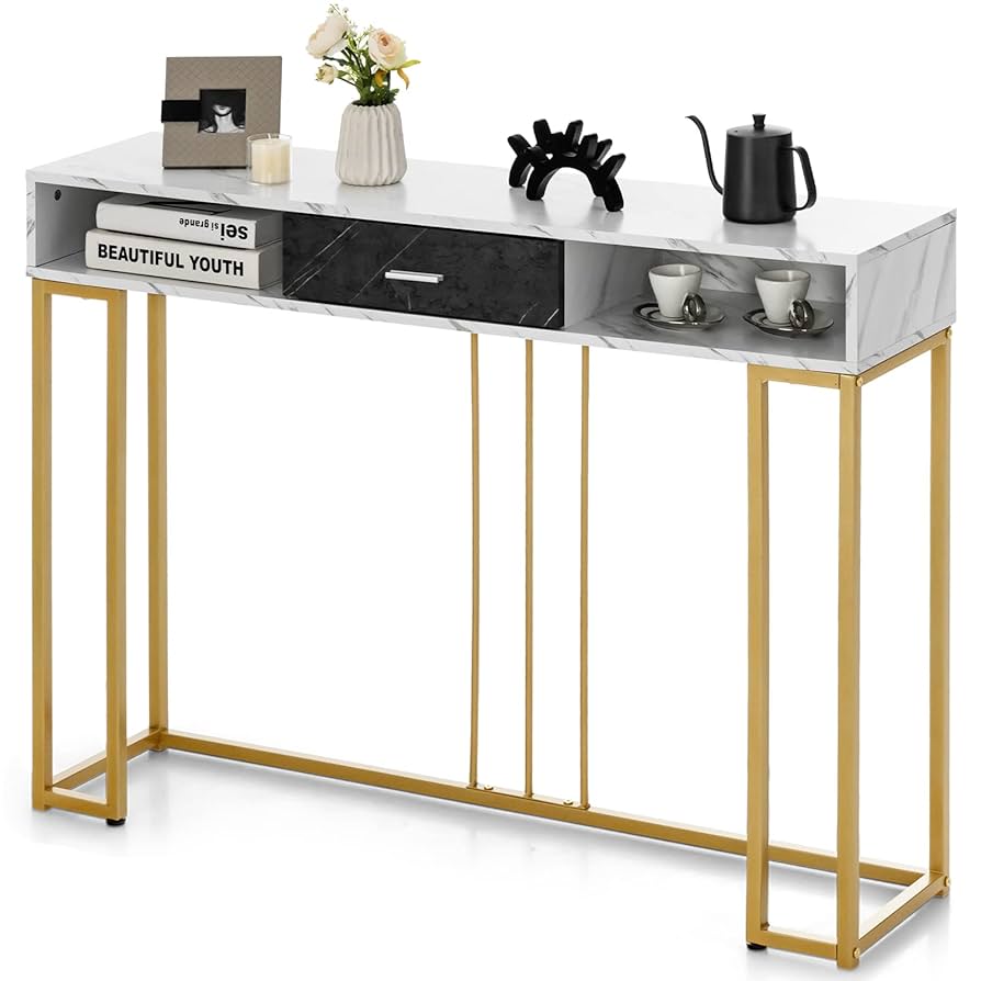 Henf White Marble Console Table Luxury Modern Faux Marble Entryway Table With Gold Mirrored Stainless Steel Base, Elegant Entrance Table Accent Sofa Table For Living Room, Hallway, Foyer, Corridor