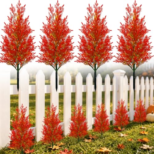 4 Pack 20" Fall Artificial Cedar Trees with Ground Stakes, UV Resistant Faux Red Cypress Shrubs for Outdoor Pathway, Garden Border, Fence Line, Yard, Porch & Thanksgiving Decor