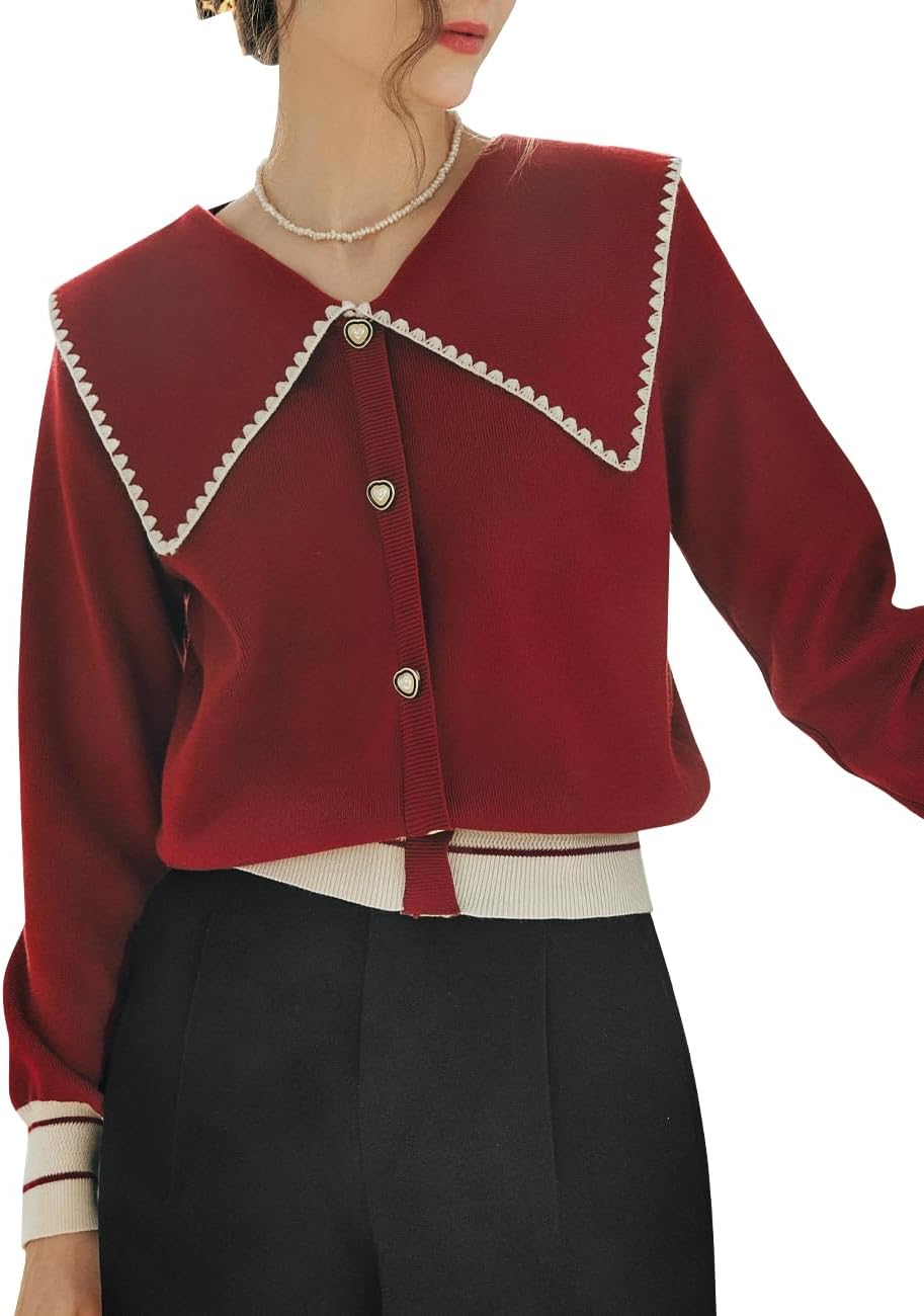 Women's Red Baby Doll Sweater, Heart-Shaped Button Large Lapels Long Sleeve Fall Trendy Cute Christmas Sweater