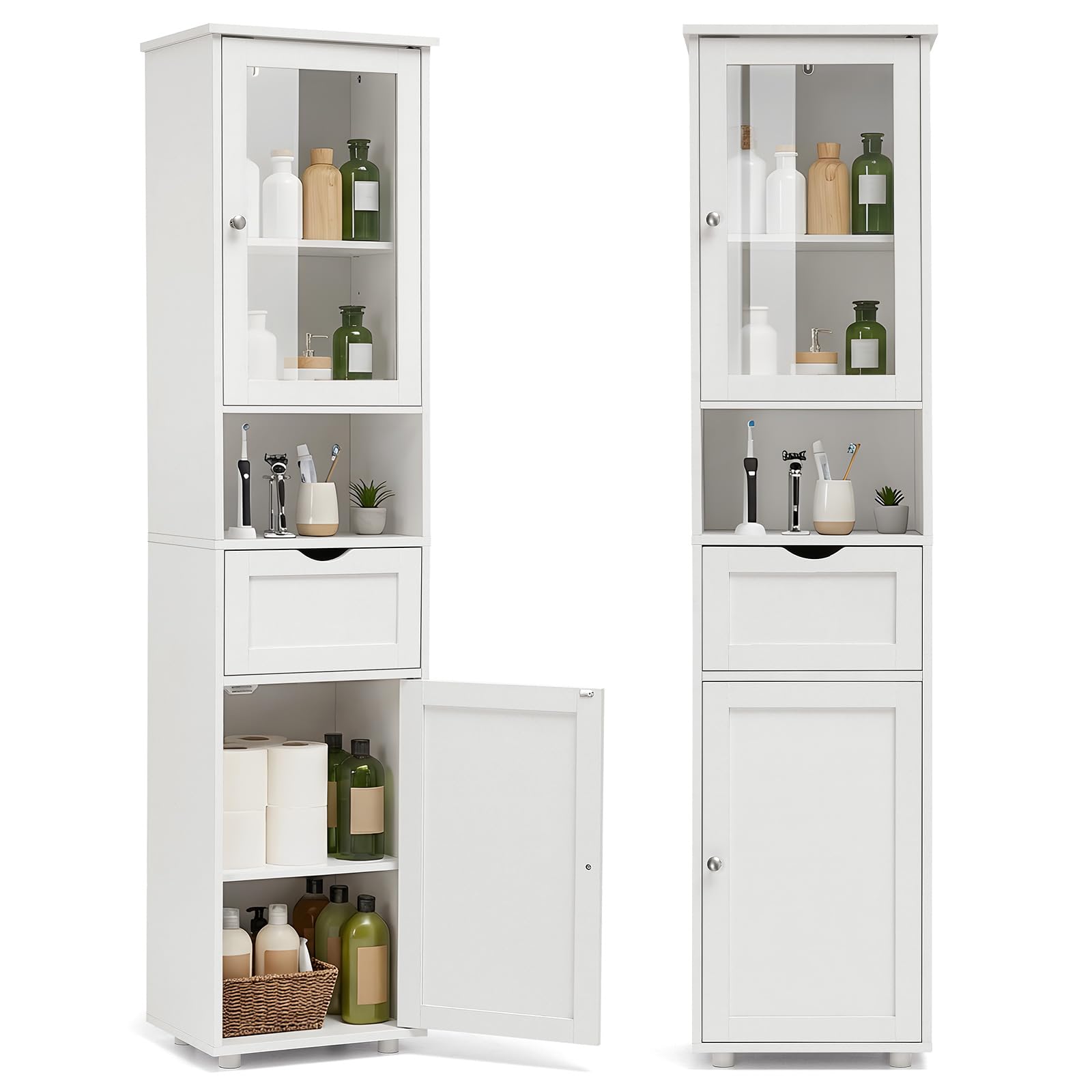 HOKEEPER Badschrank Weiß | schmal, platzsparend, Kommode, Badezimmerschrank, Hochschrank, Holz, mit Schubladen, für Badezimmer