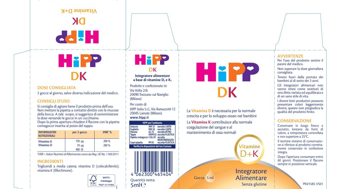 HiPP - HiPP DK, Integratore Alimentare, Bambini, Vitamina D, Vitamina K, Sviluppo Osseo Bambini, con Pratica Pipetta Contagocce, 5ml