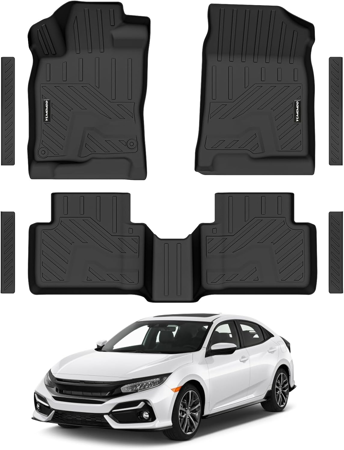 Floor Mats for 2016-2021 Honda Civic Sedan/Coupe/Type R/Insight,2017-2021 Hatchback All Weather TPE Floor Liners Custom Fit for Civic 2021 1st & 2nd Row & Door Sill Guards Anti-Slip Full Set Car Mats