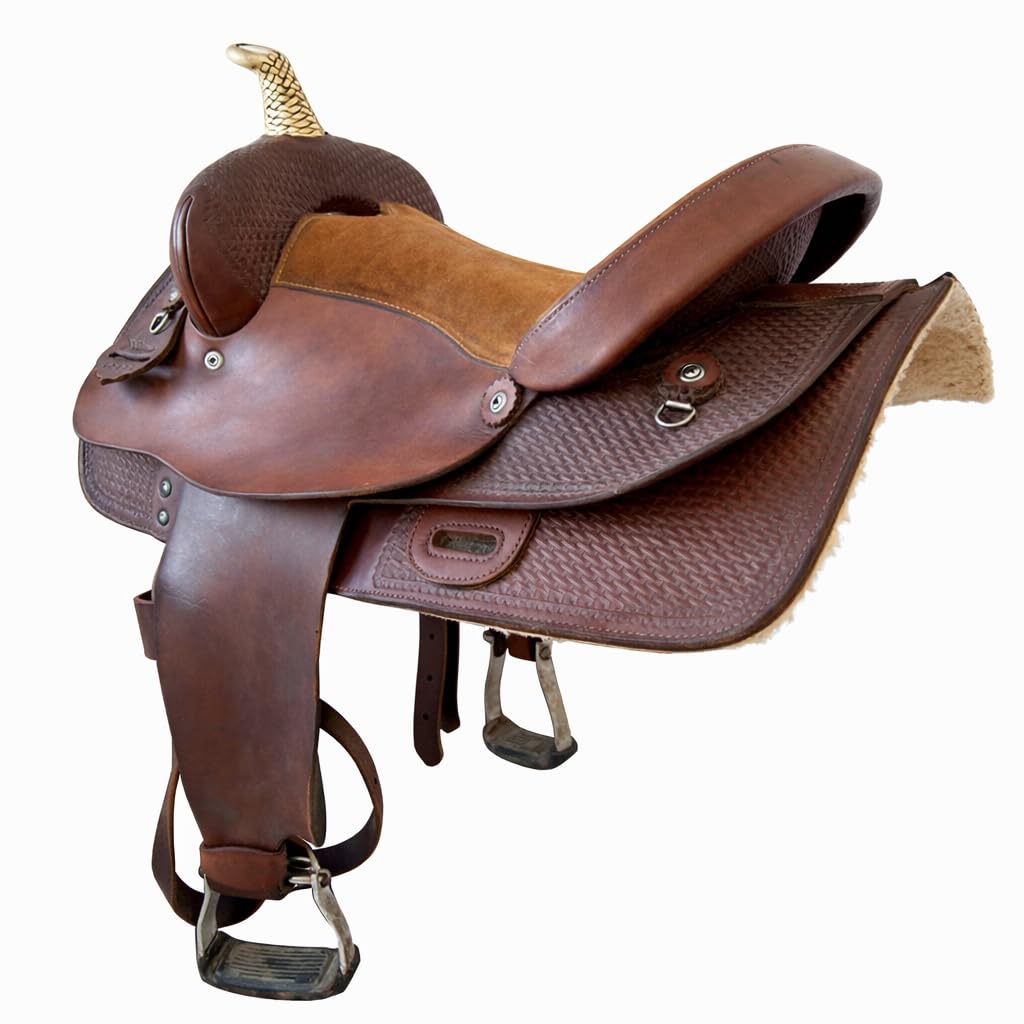 HAMS Silla de Montar Western, Cuero Genuino, Asiento Acolchado de Ante, Diseño Artesanal, Estribos Ajustables para Equitación