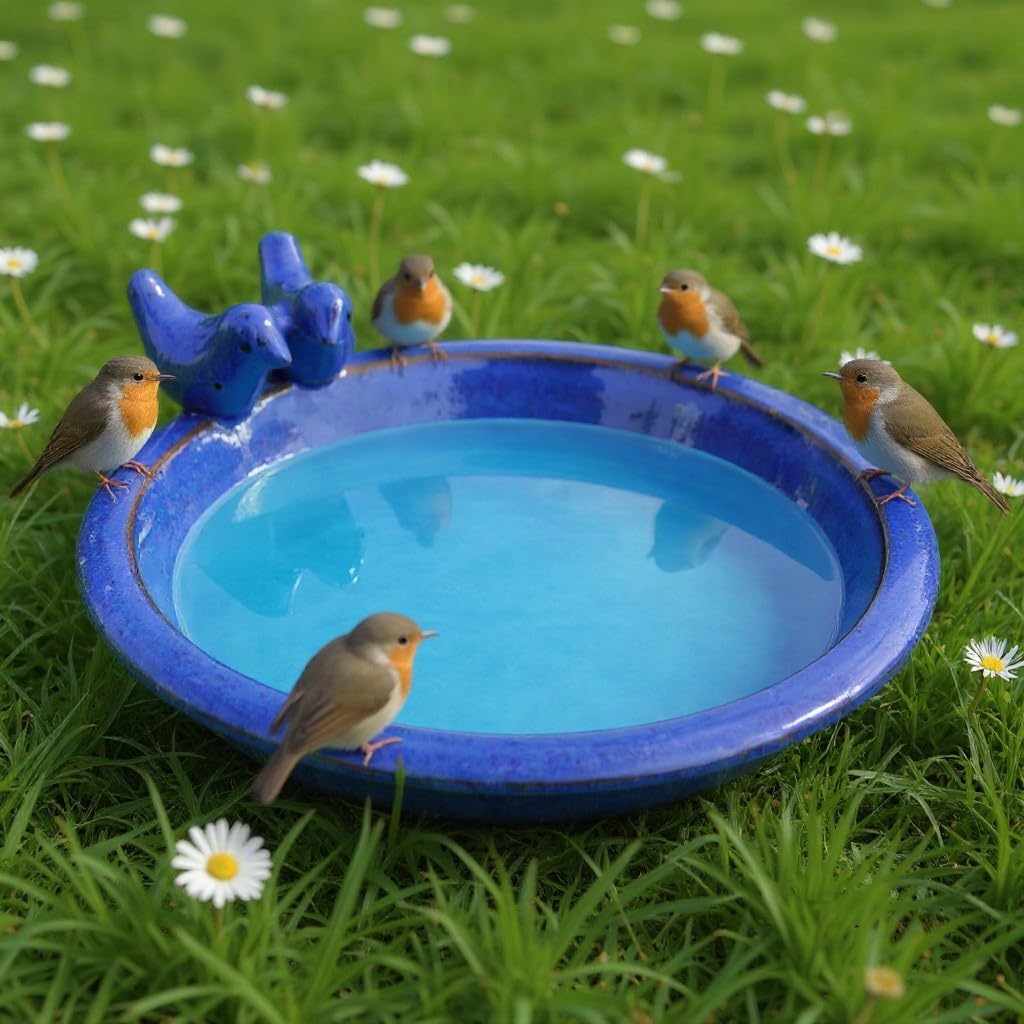 Vogeltränke Oasis aus glasierter Keramik, Ø 30 cm | mit Deko-Vögeln, Winterfest, Farbenfrohe Gartendeko & Wasserstelle für Vögel