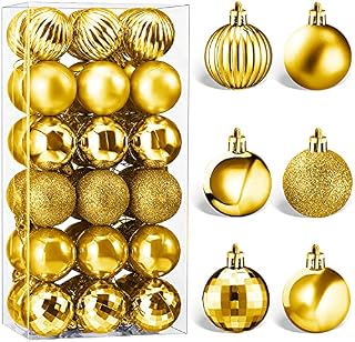 Christmas Baubles - Gold Plastic Christmas Ball Ornaments with Hanging Loop - for X-mas Tree Decoration, Gold Christmas Decorations, Home Party Holiday Decor, Indoor and Outdoor Decor- 36 Pcs (Gold)