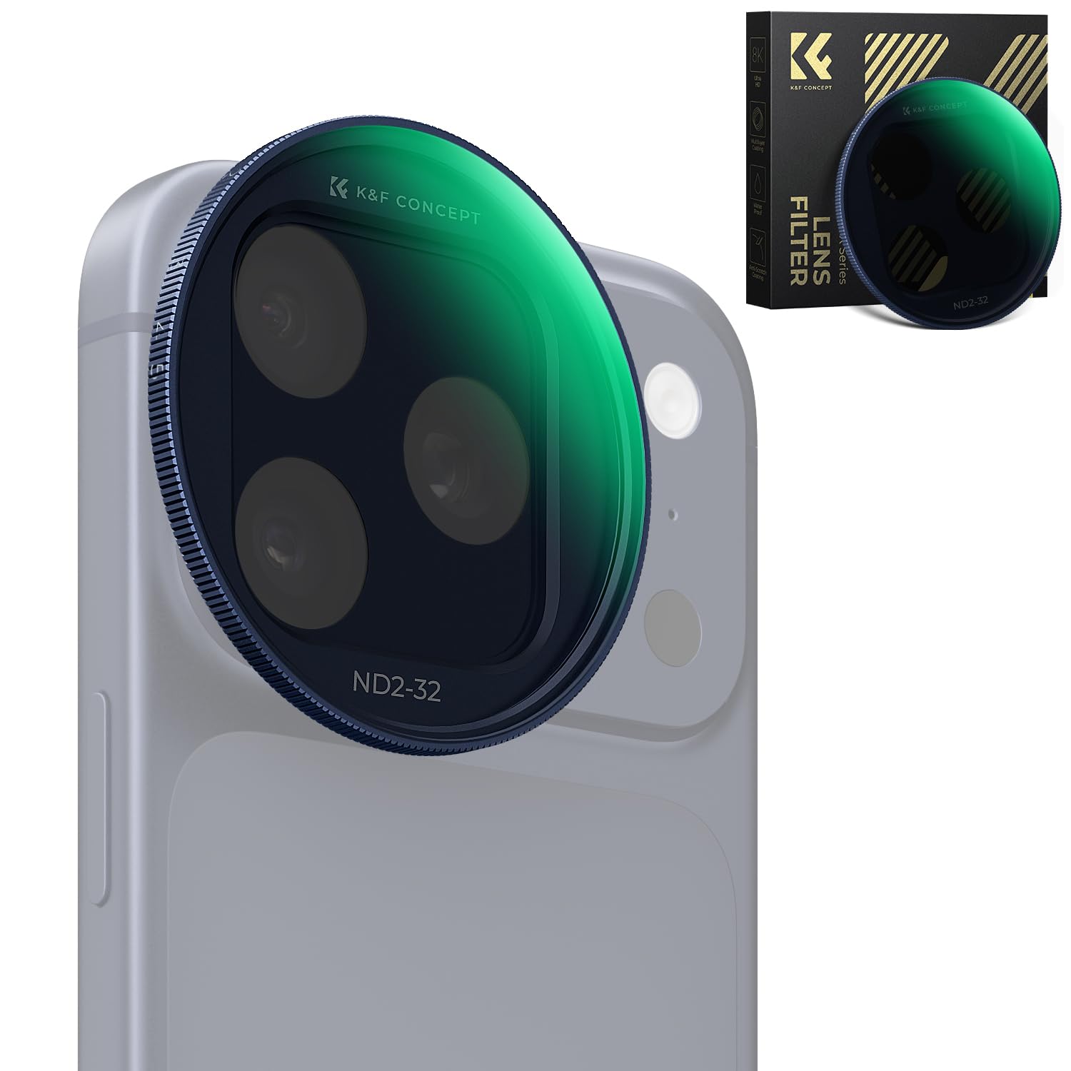 K&F CONCEPT FA301 Snap-On ND2-32 Filter kompatibel mit iPhone 17 Pro/Pro Max, 11,2g extrem Leichter VND-Filter mit Snap-On Deco-Halterung, AGC-Glas mit 28-Schichten-Beschichtung, dunkelblau