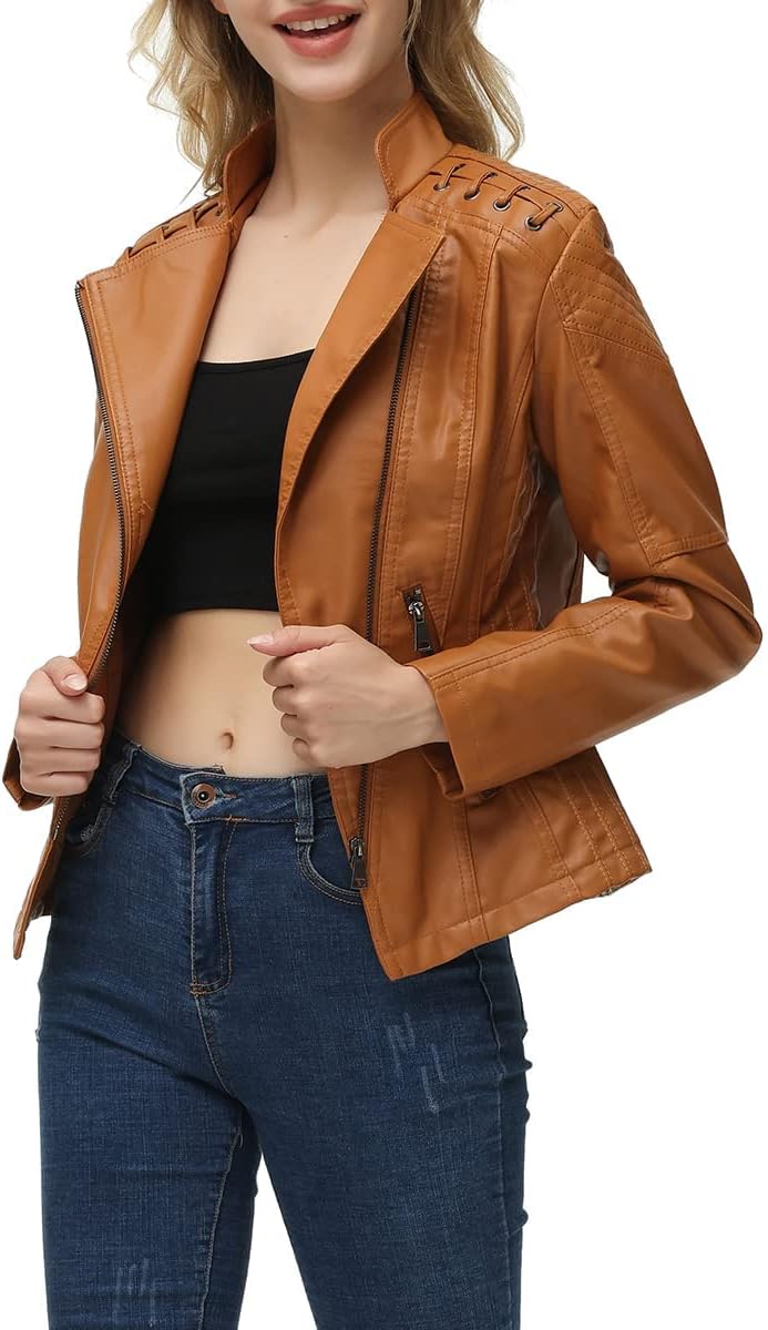 MODFUL Women's Faux Leather Moto Jacket Casual Short Solid Color PU Biker Coat with Pockets - Image 6