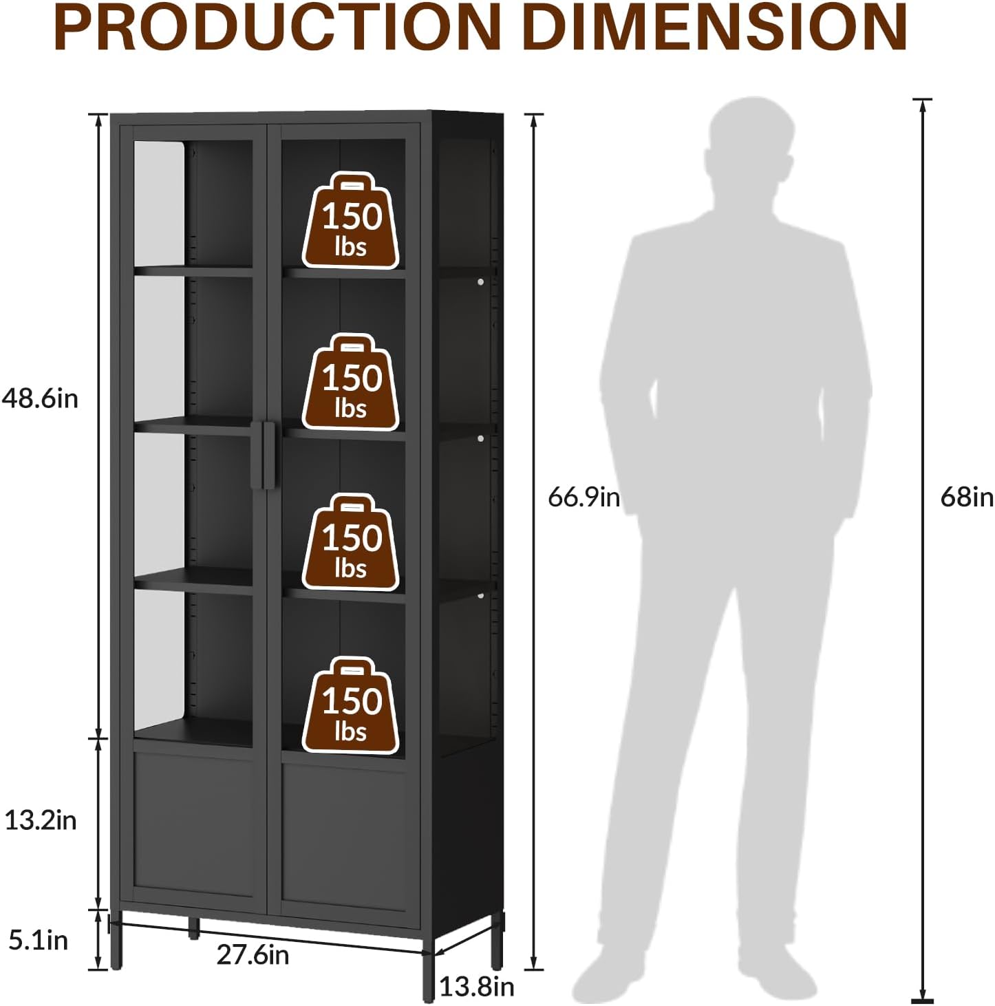 5-Tier Glass Display Cabinet with 13 Color Lights, 67" Curio Cabinet with Glass Doors & Adjustable Shelves, Metal Storage Cabinet Display Case for Collectibles Figures Trophies, Black