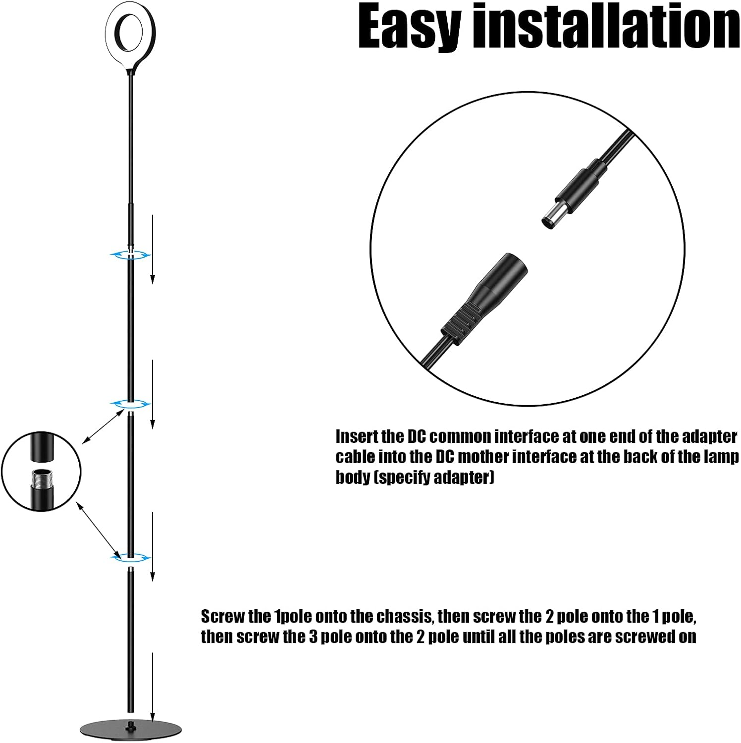 JKSWT LED Floor Lamp, 3 Brightness Levels Eye-Caring Dimmable Standing Reading Lamp 4000K Colors temperatures with Adjustable for Living Room Bedroom Reading - Black