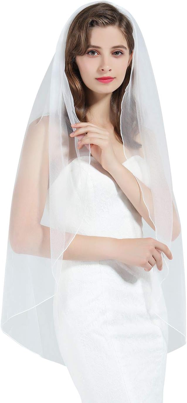 BEAUTELICATE 1 Tier Wedding Bridal Veil Pencil Edge Ivory White Fingertip Cathedral (More Length)