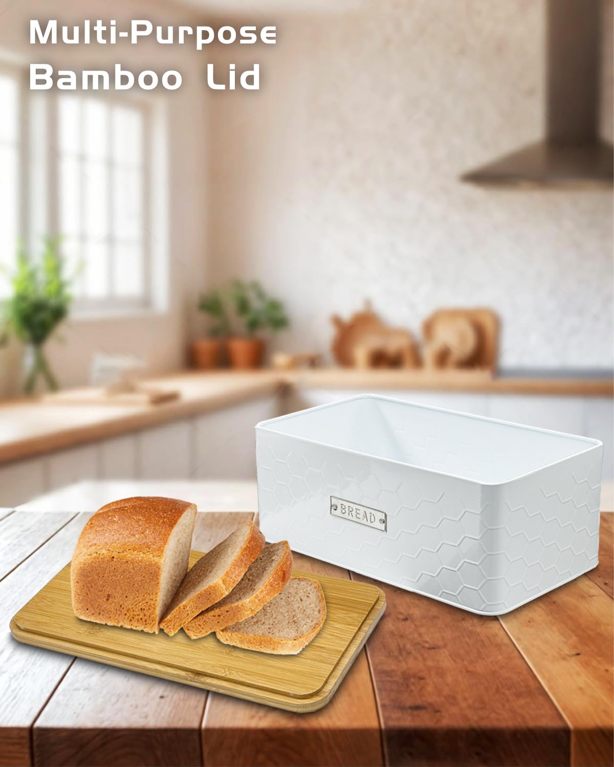 vensovo White Bread Box with Bamboo Cutting Board Lid – Metal Bread Bin for Homemade Bread, Baked Goods & Kitchen Countertop Storage