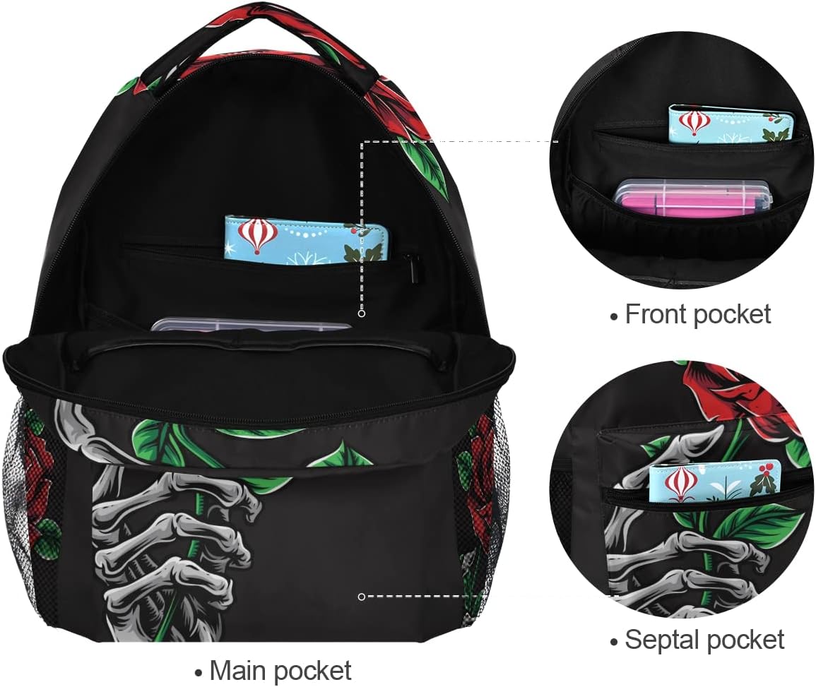Skull Rose Flower Backpack School Backpacks Lightweight Travel Laptop Bookbags Daypack for Men Women Kids