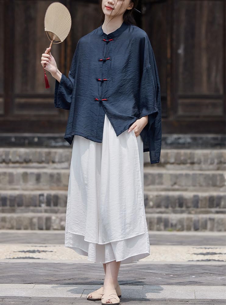 Camicia cinese da donna con colletto alto e bottoni a forma di rana, maniche larghe a 3/4, camicia da tè zen allentata