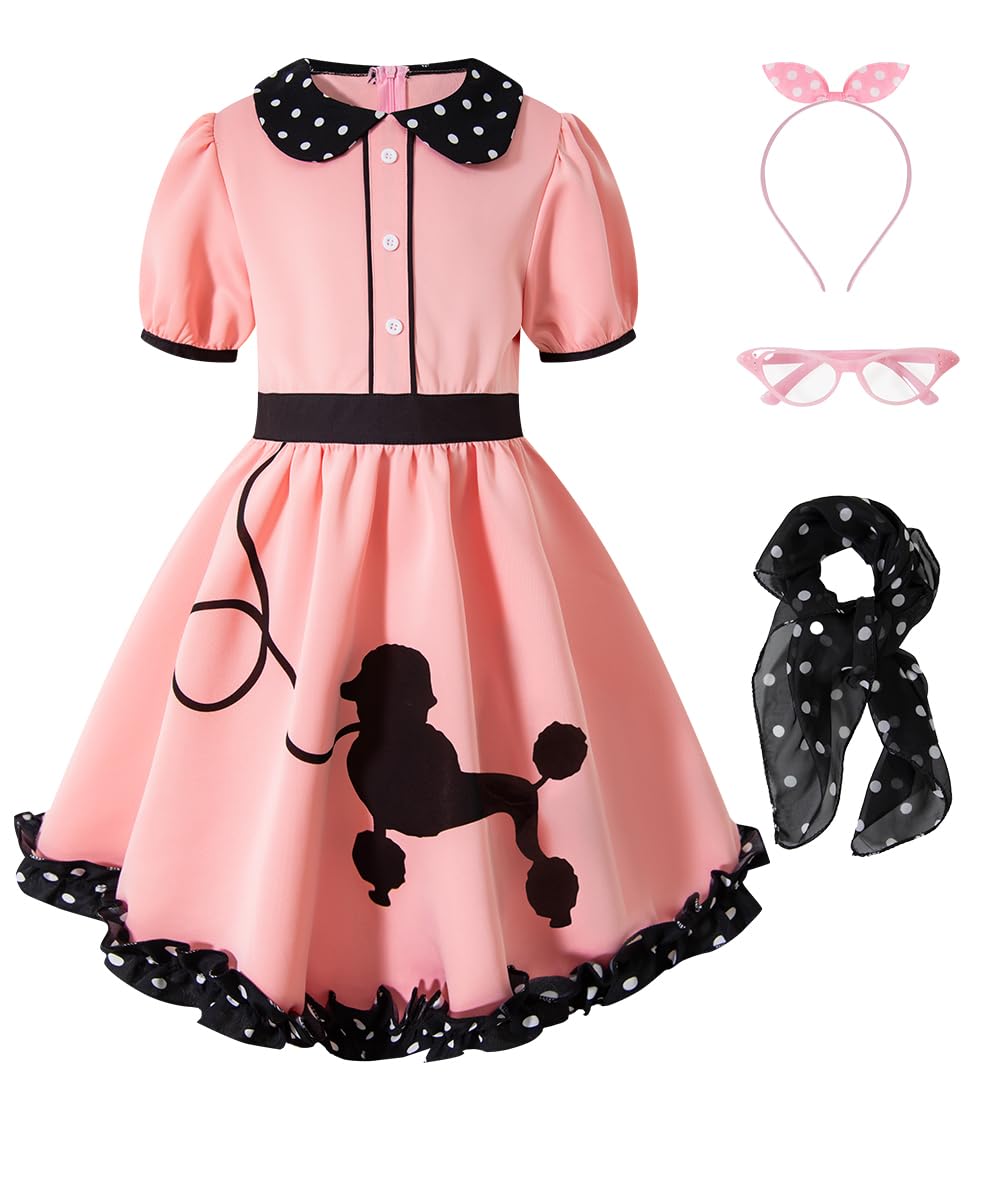 IWALUE Kids Girls 1950s Poodle Party Dresses Halloween Costume Skirt Set Dress Up