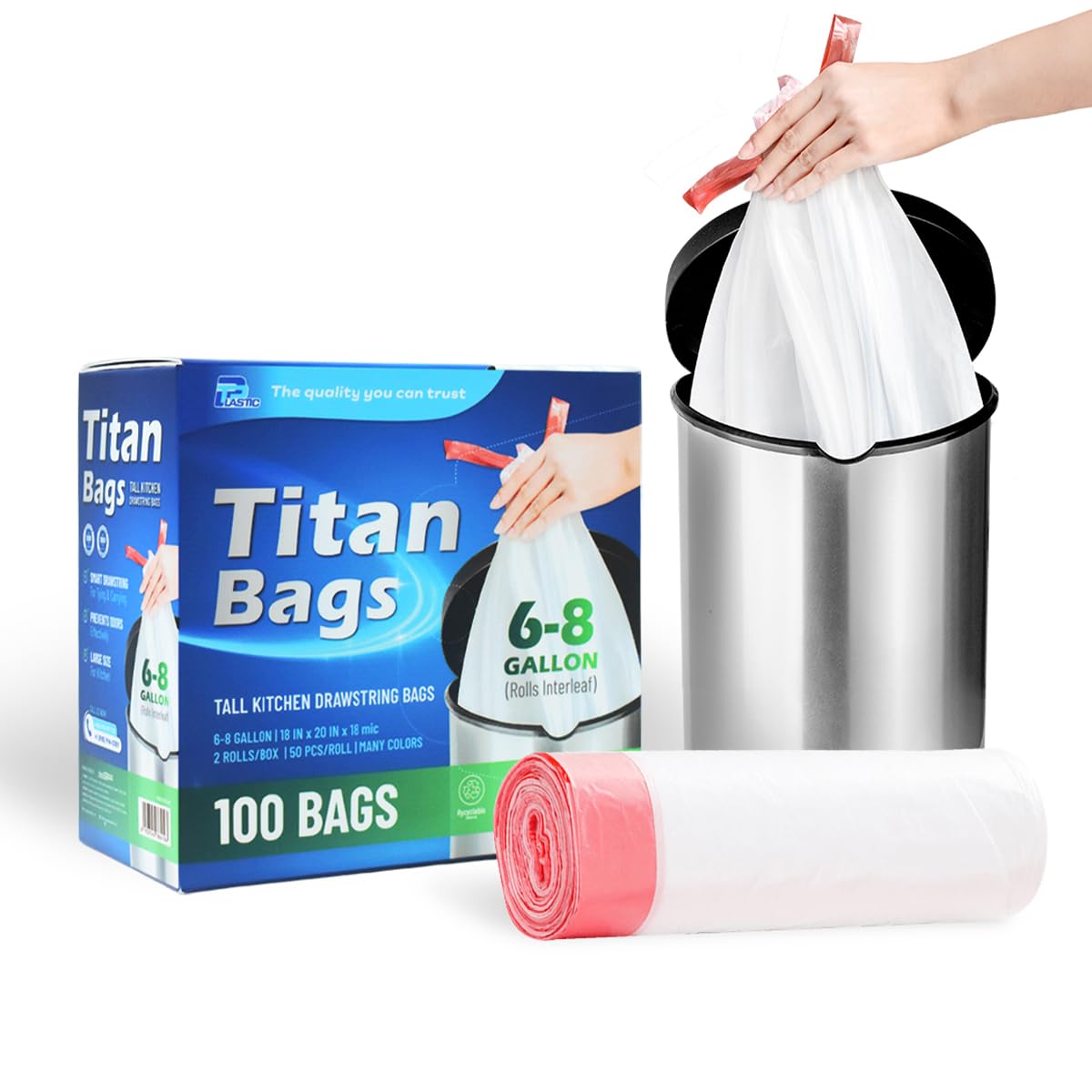 TP Plastic 6 Gallon Drawstring Trash Bags – 1.1 Mil Thick, 100 Count – Strong 22.5L Unscented Garbage Bags for Home, Bathroom, Office & Kitchen –