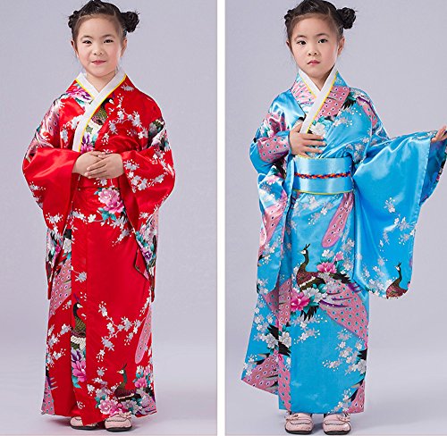 Crb Girls Kimono Japanese Top Robe Sash Belt Fan Set (Height 130Cm, Red) #TOP2