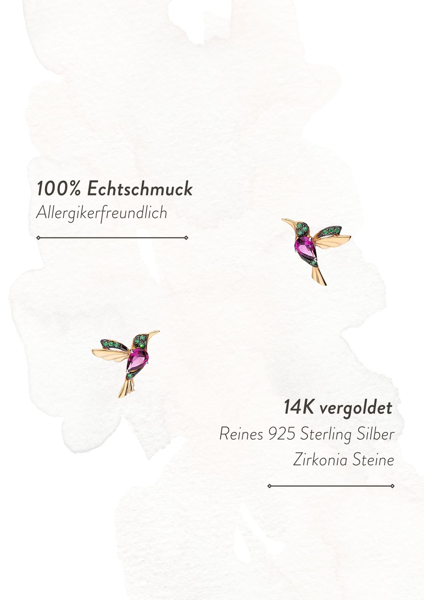 Einzelstück® Kolibri Ohrstecker I 925 Sterling Silber Ohrringe im Vogel Design I 14K Gold & Rosegold I Handmade mit grünen und pinken Zirkonia Steinen I Allergikerfreundlicher Echtschmuck